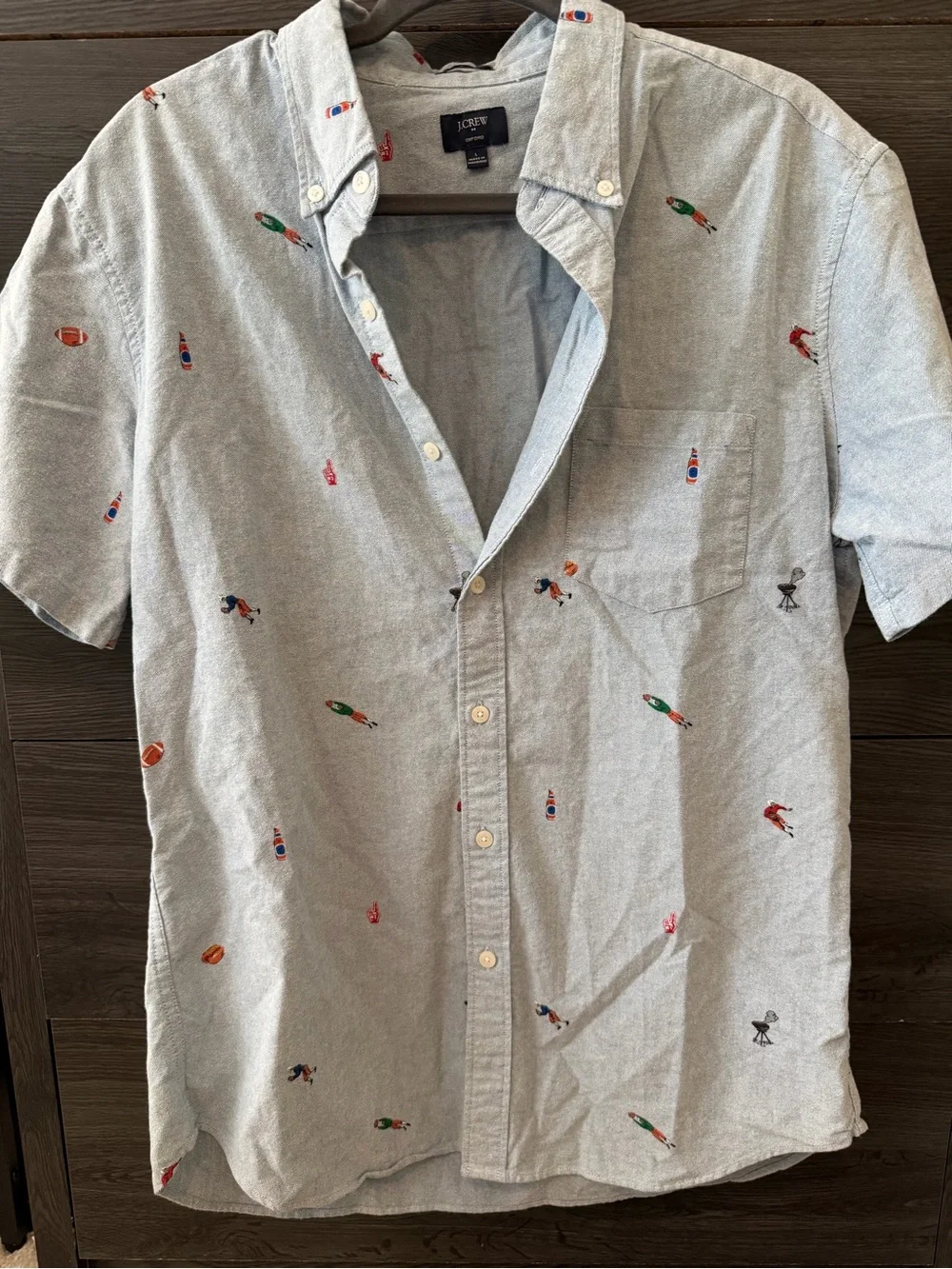 J. Crew Light Blue Short-Sleeve Button-Down with Multicolor Embroidered Motifs
